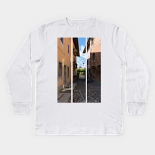 North Italy Life in the center of the lombard medieval city. Walking through narrow streets and walls. Sunny summer day. (vertical) Kids Long Sleeve T-Shirt